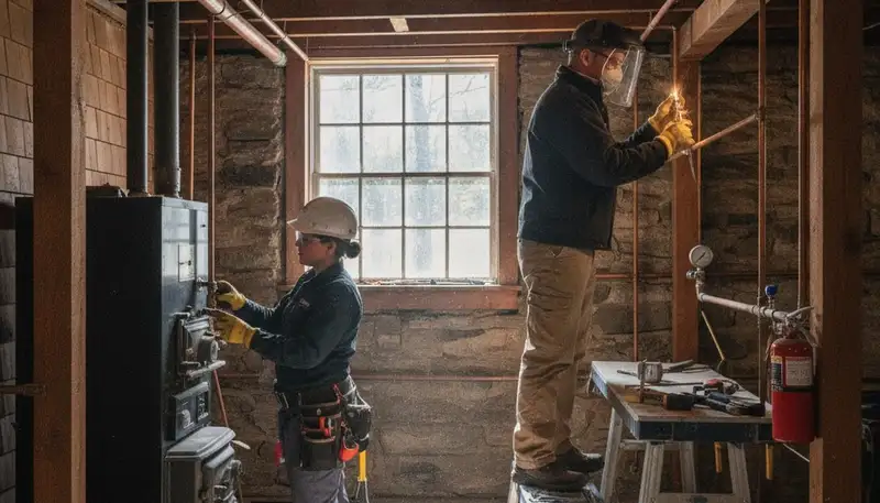 Plumber repairing a pipe in Reading, MA for expert plumbing service