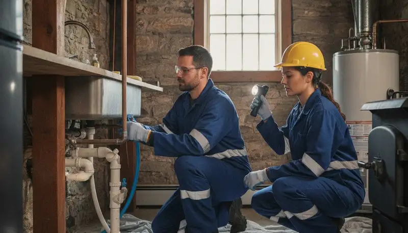 Plumber inspecting pipe repair service in Reading, MA for a plumbing repair business